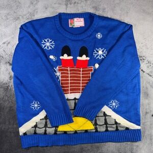 Merry Christmas Santa Stuck in Chimney Ugly Holiday‎ Sweater Blue Knit Pom Poms